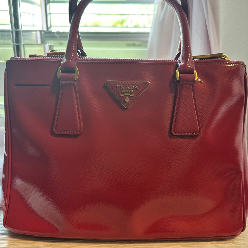 Prada Red Saffiano Leather Satchel with Gold Hardware